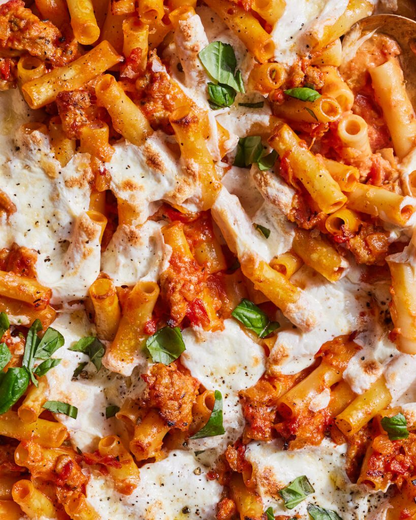 Cheesy Chicken Sausage Pasta Bake from www.whatsgabycooking.com (@whatsgabycookin)