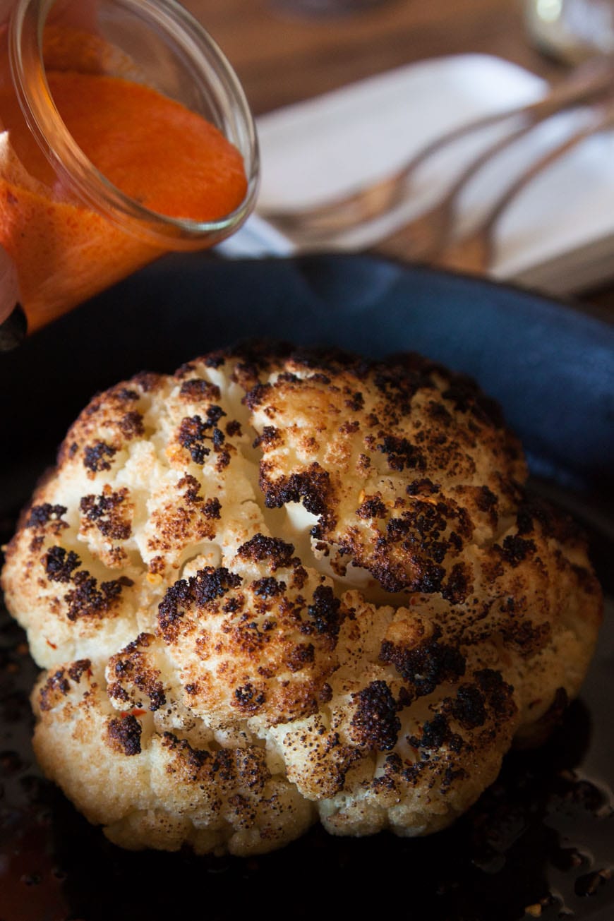 Whole Roasted Cauliflower with Red Pepper Goat Cheese Sauce