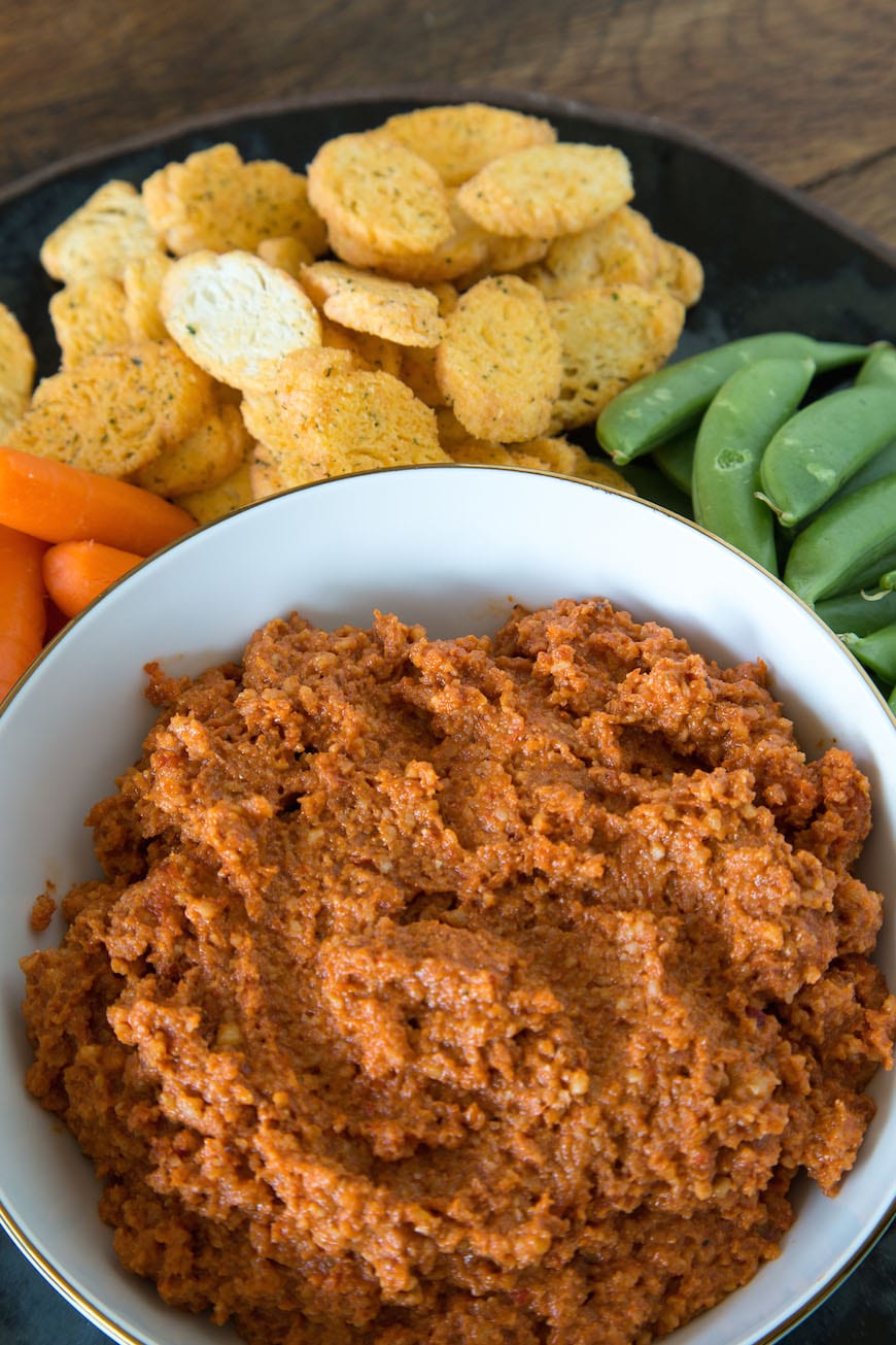 Roasted Red Pepper Dip with Twistos Asiago Baked Snack Bites 