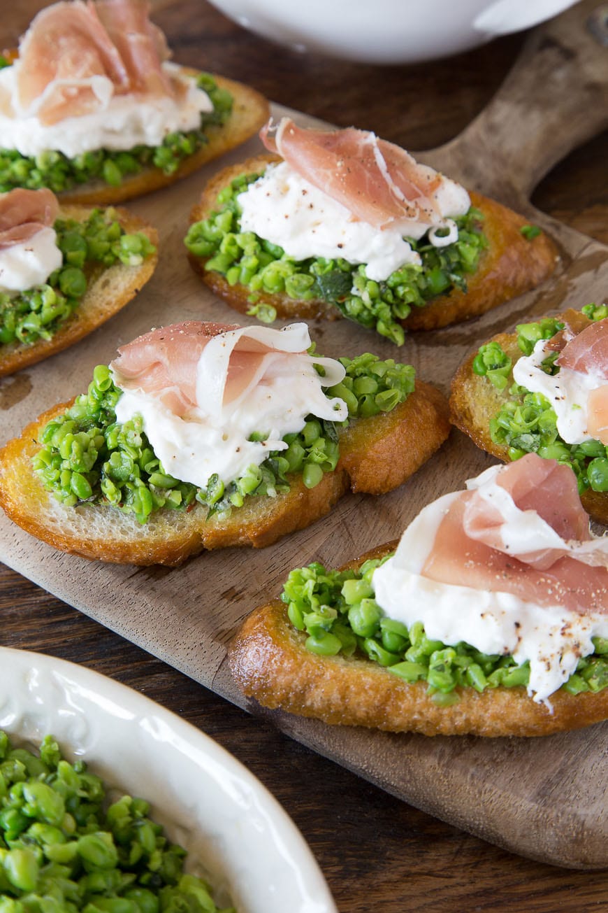 Spring Pea Crostini with California Burrata