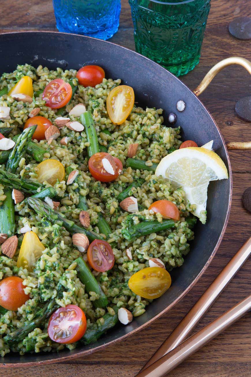 Almond and Parsley Pesto with Asparagus and Freekeh