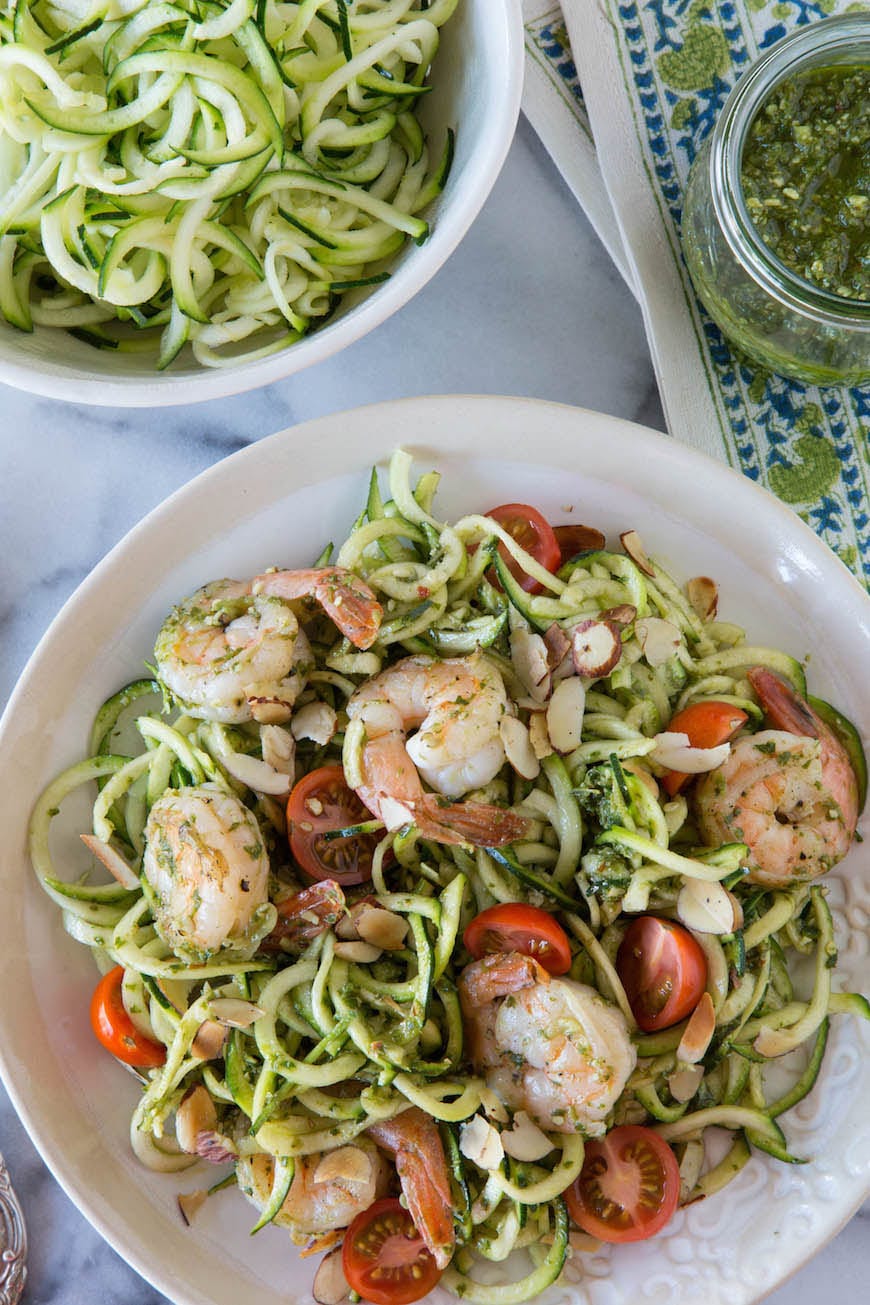 Zucchini Noodles and Grilled Shrimp with Lemon Basil Dressing