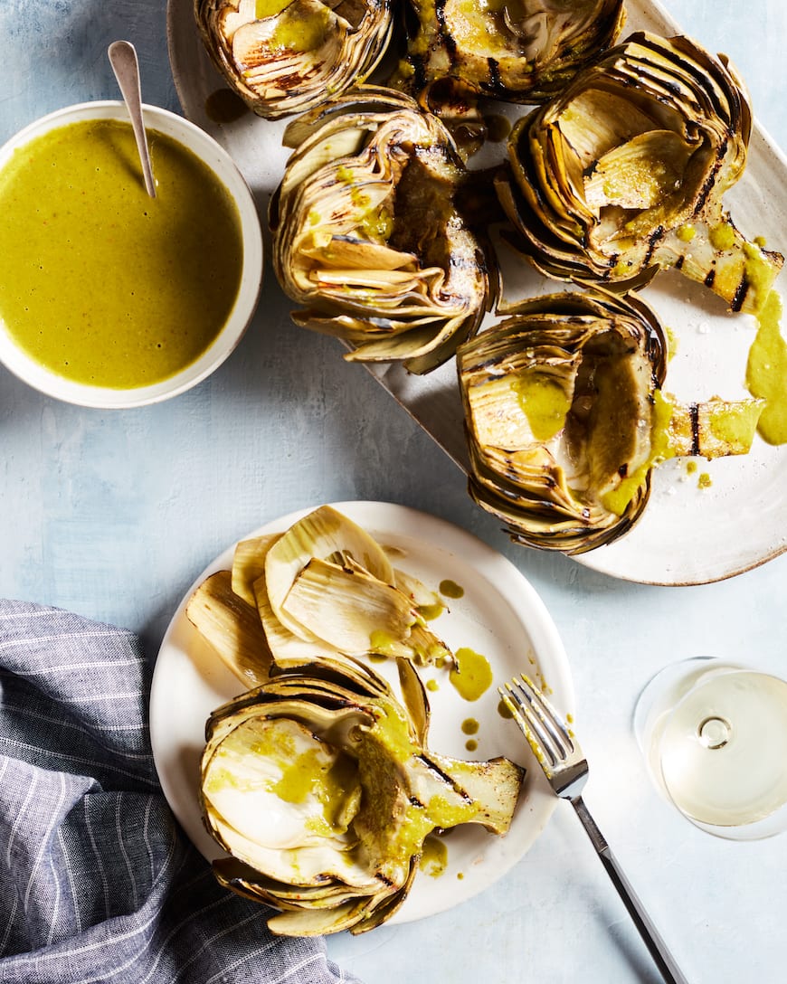 Grilled Artichokes with Lemon Basil Vinaigrette from www.whatsgabycooking.com (@whatsgabycookin)