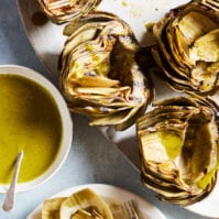 Grilled Artichokes with Lemon Basil Vinaigrette from www.whatsgabycooking.com (@whatsgabycookin)