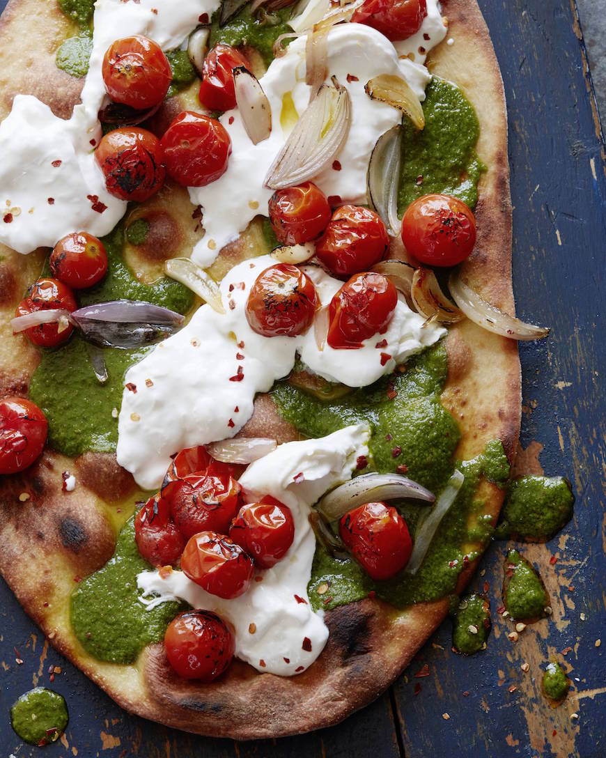 Charred Tomato Pesto Pizza from www.whatsgabycooking.com (@whatsgabycookin)