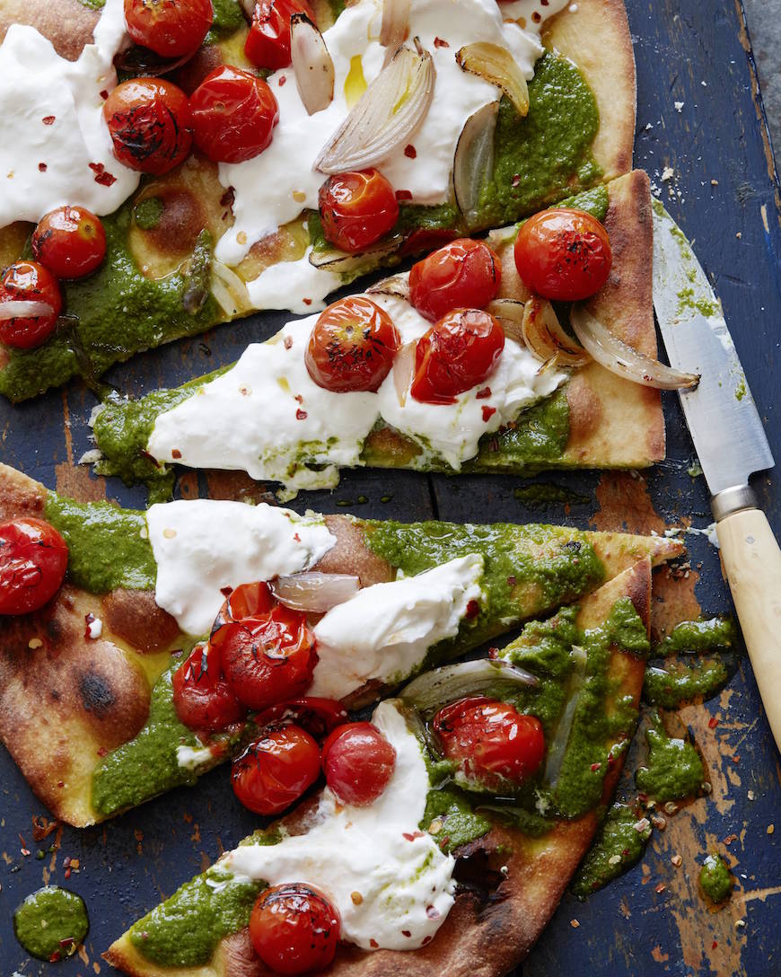 Charred Tomato Pesto Pizza from www.whatsgabycooking.com (@whatsgabycookin)