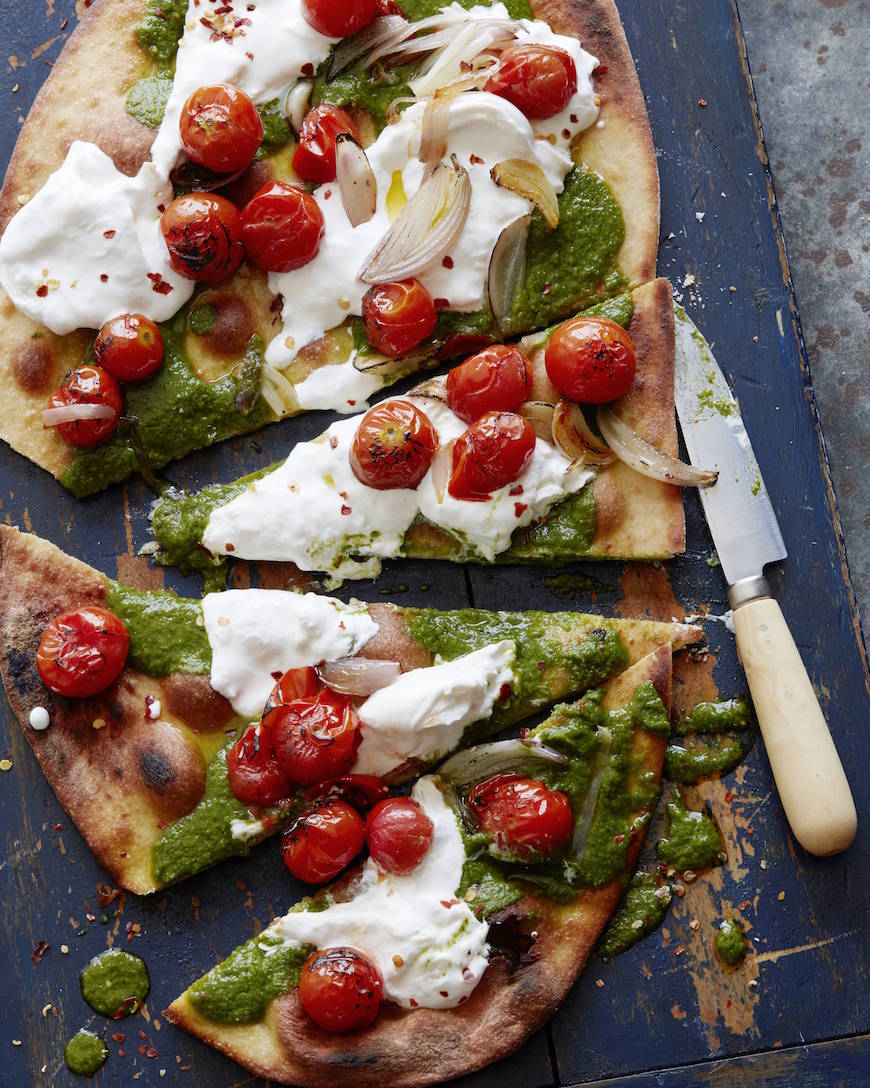 Charred Tomato Pesto Pizza from www.whatsgabycooking.com (@whatsgabycookin)