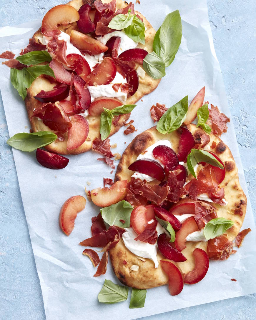 Crispy Prosciutto, Plum and Burrata Flatbread from www.whatsgabycooking.com (@whatsgabycookin)