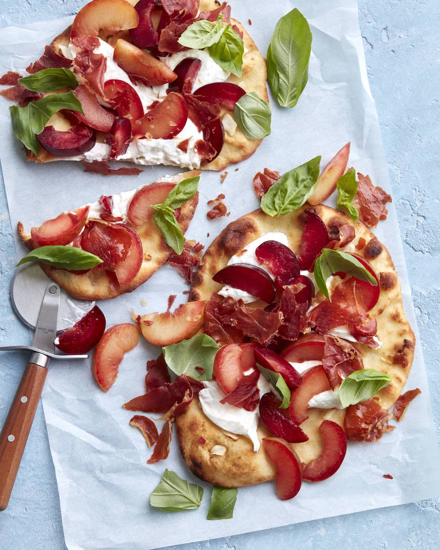 Crispy Prosciutto, Plum and Burrata Flatbread from www.whatsgabycooking.com (@whatsgabycookin)