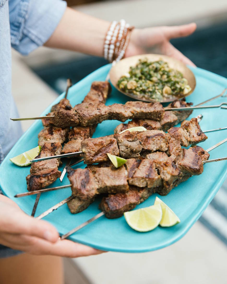 Grilled Steak Skewers with Scallion Sauce from www.whatsgabycooking.com (@whatsgabycookin)