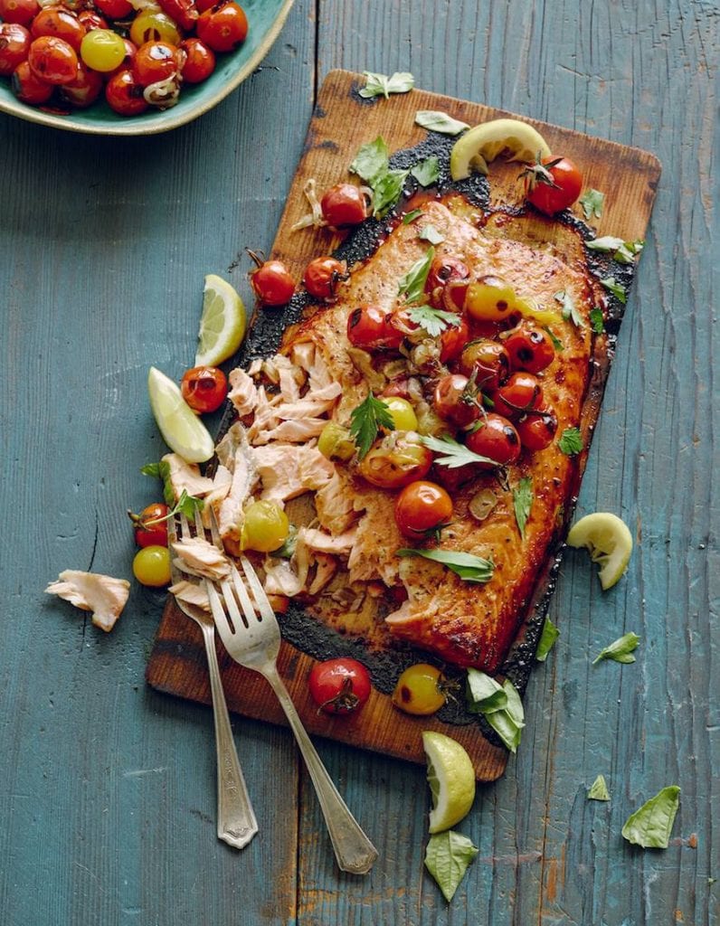 Cedar Plank Salmon with Blistered Tomatoes What's Gaby Cooking