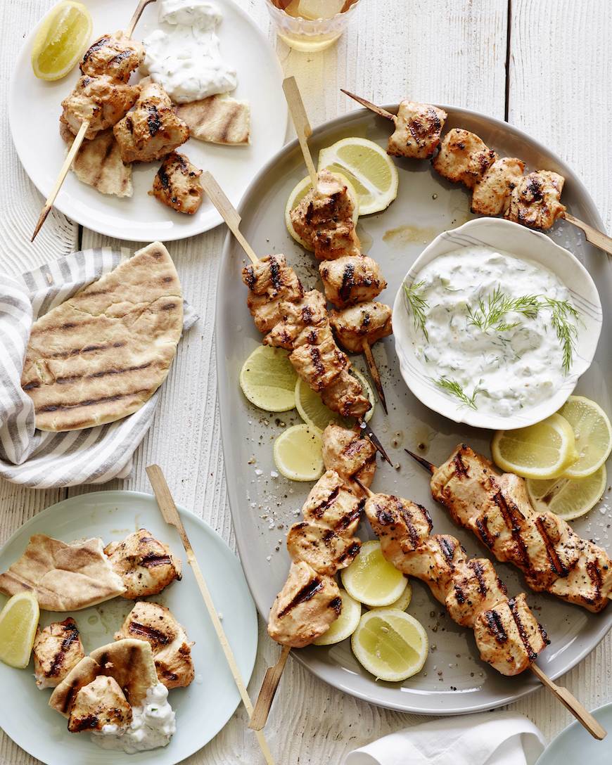 Grilled chicken skewers with tzatziki