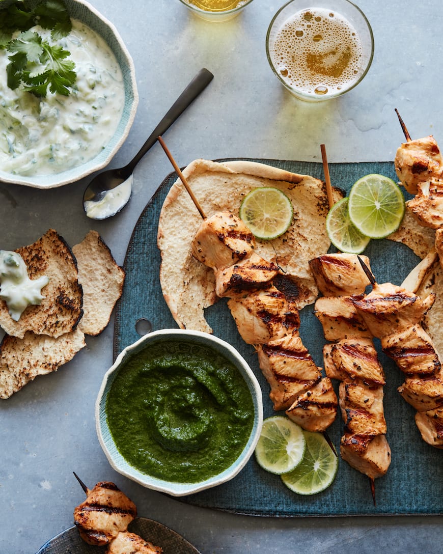 Chicken Skewers with Cilantro Mint Sauce from www.whatsgabycooking.com for the Mediterranean Dinner Party Menu (@whatsgabycookin)