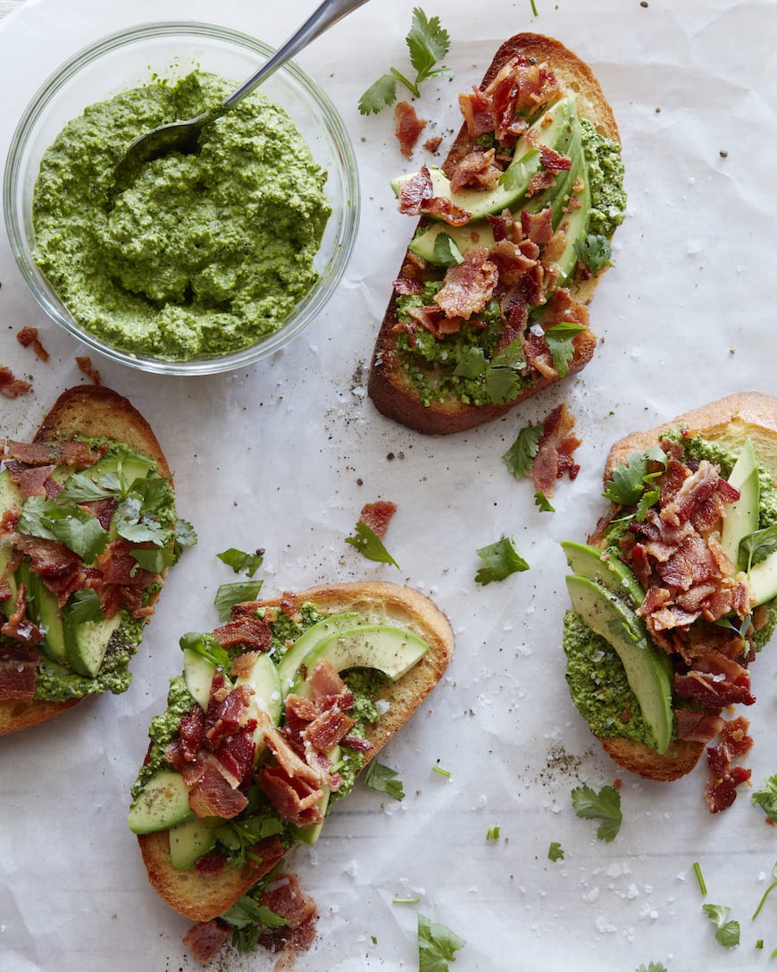 Green Harissa Tartines with Bacon and Avocado from www.whatsgabycooking.com (@whatsgabycookin)