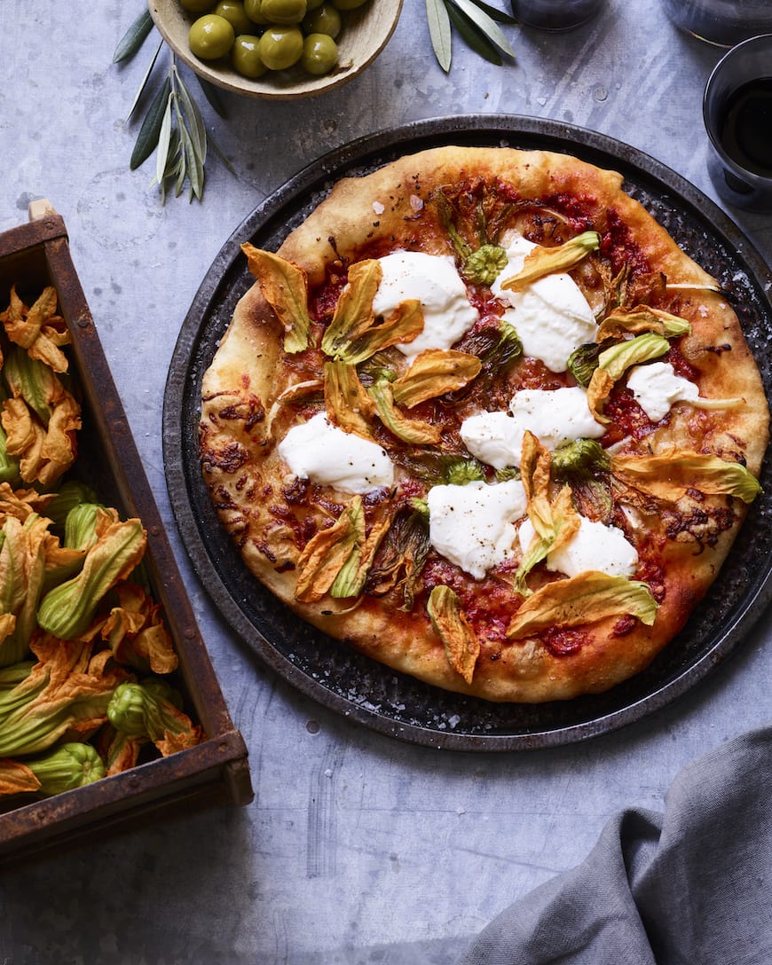 Squash Blossom Pizza with Burrata from www.whatsgabycooking.com (@whatsgabycookin)