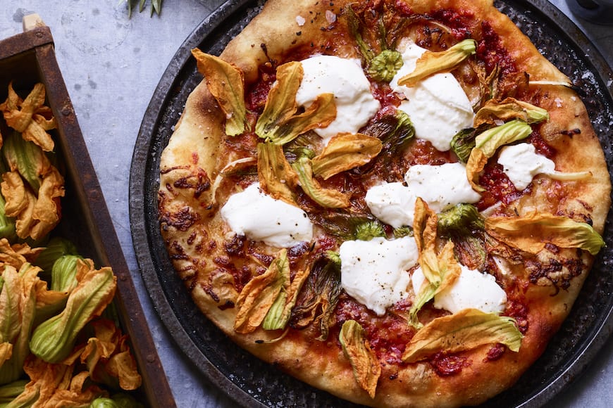 Squash Blossom Pizza with Burrata from www.whatsgabycooking.com (@whatsgabycookin)