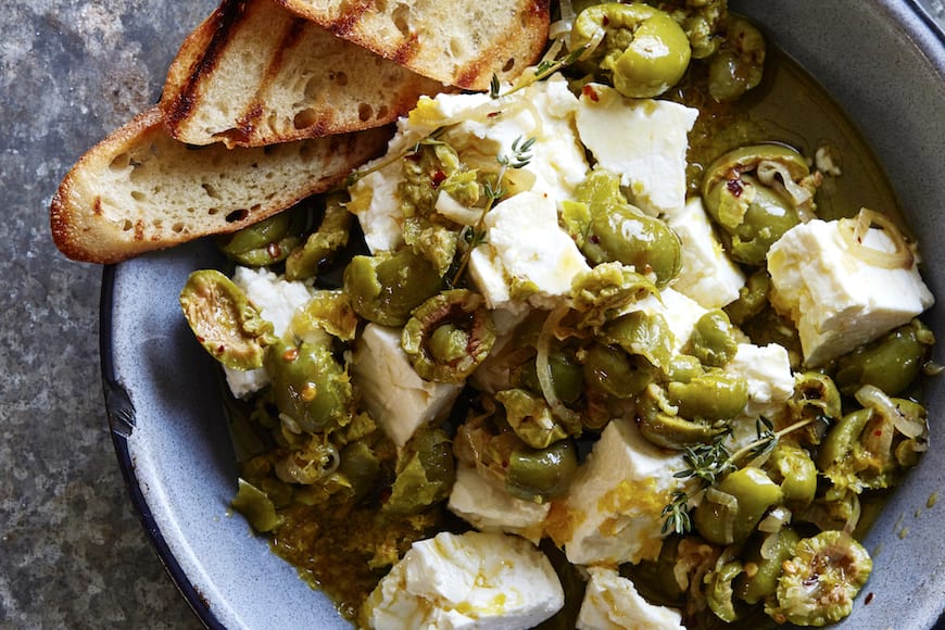 Marinated Olives and Feta with grilled bread from www.whatsgabycooking.com (@whatsgabycookin)