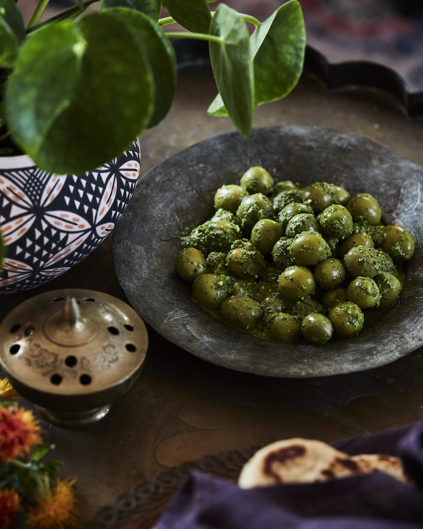 Marinated Green Harissa Olives from www.whatsgabycooking.com (@whatsgabycookin)Moroccan Dinner Party Menu // Green Harissa Olives from www.whatsgabycooking.com (@whatsgabycookin)