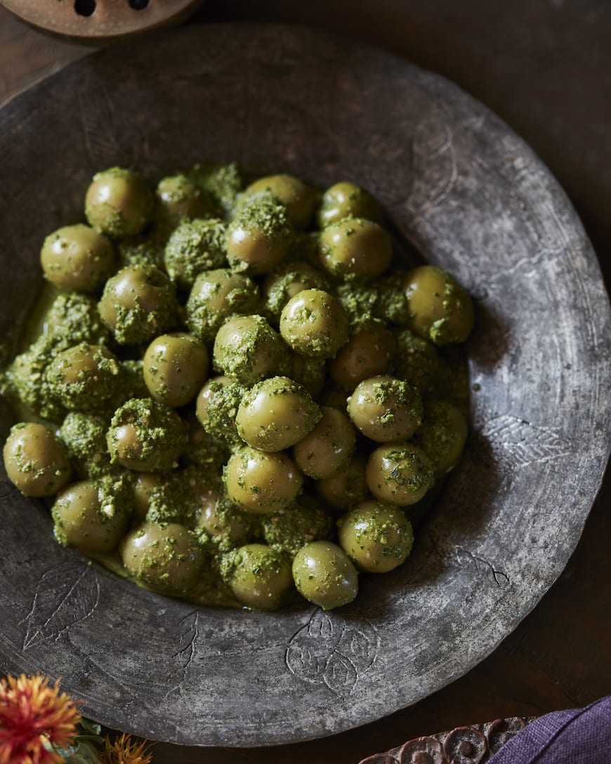 Marinated Green Harissa Olives from www.whatsgabycooking.com (@whatsgabycookin)