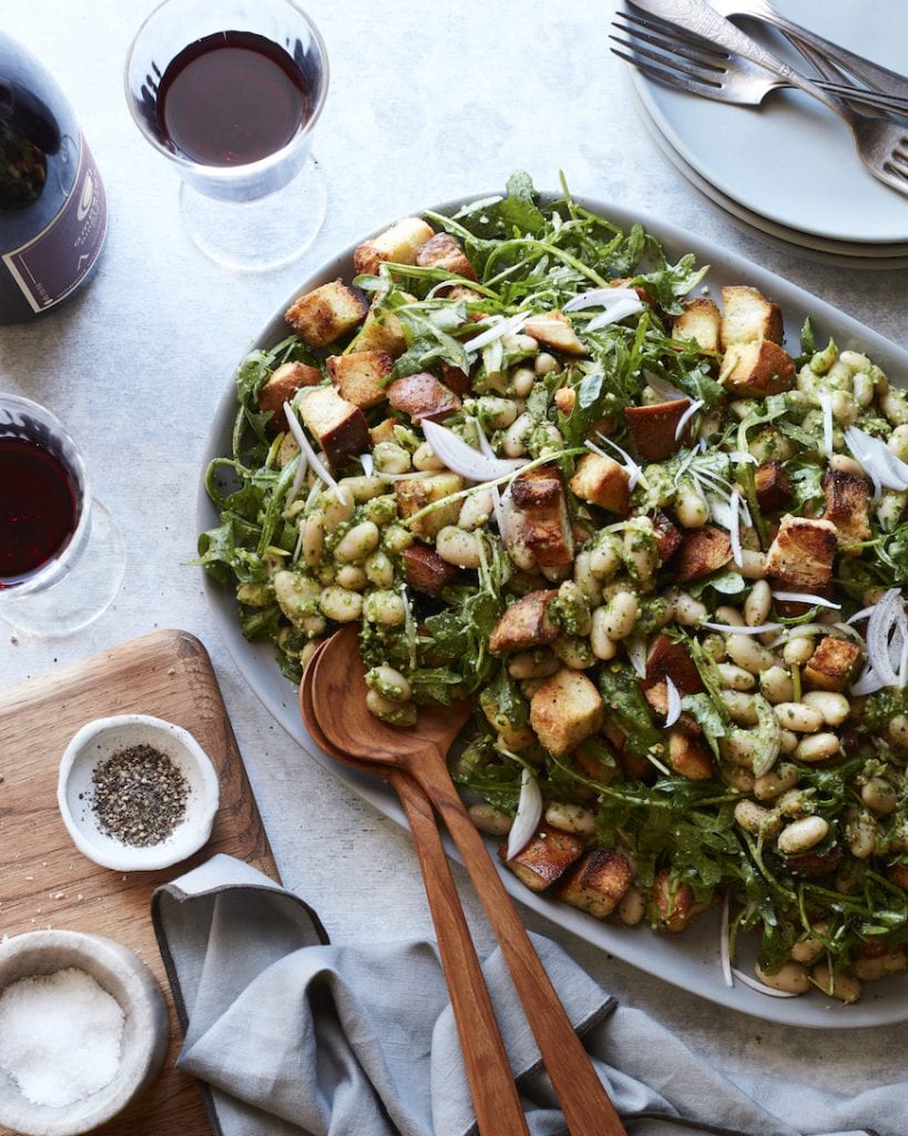 White bean arugula pesto panzanella