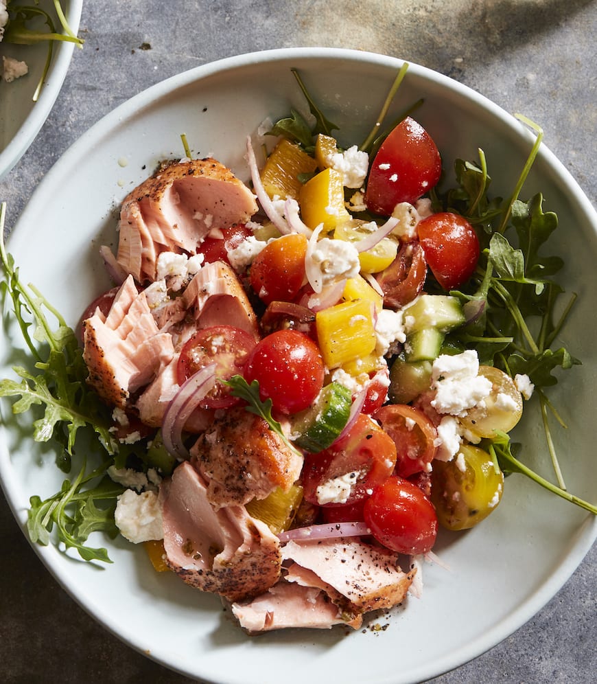 Greek Salad with Salmon from www.whatsgabycooking.com (@whatsgabycookin)