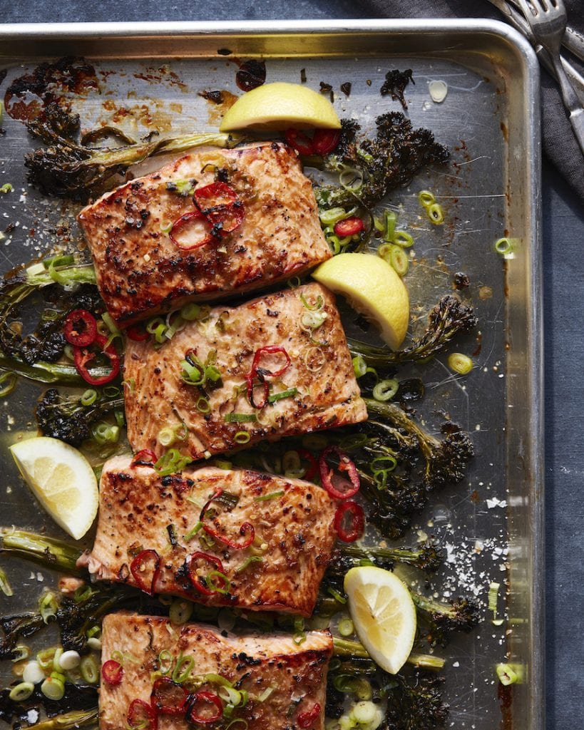 Healthy Dinner Idea: Sheet Pan Broiled Salmon with Broccolini from www.whatsgabycooking.com (@whatsgabycookin)