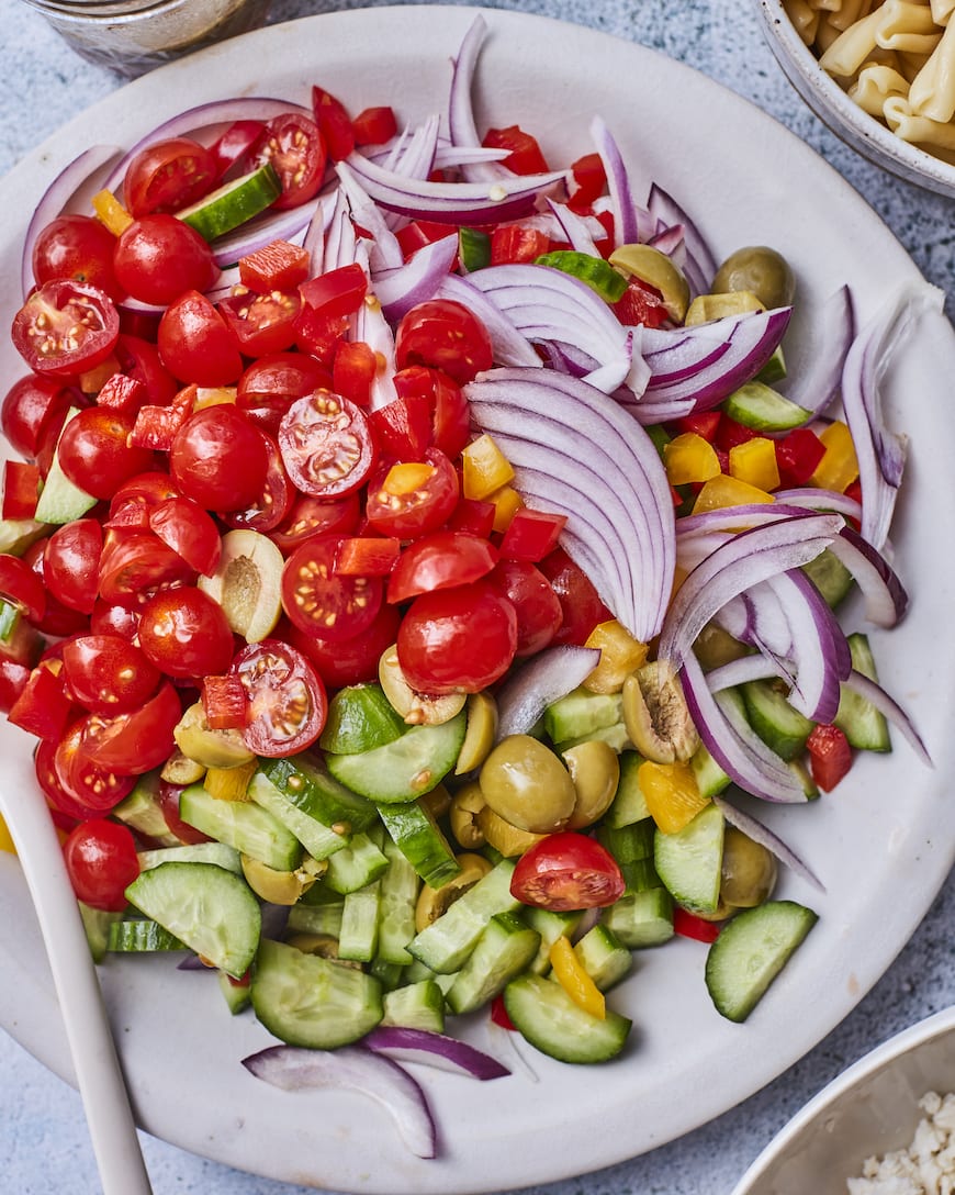 Castelvetrano Greek Pasta Salad from www.whatsgabycooking.com (@whatsgabycookin)