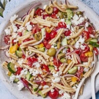 Castelvetrano Greek Pasta Salad from www.whatsgabycooking.com (@whatsgabycookin)
