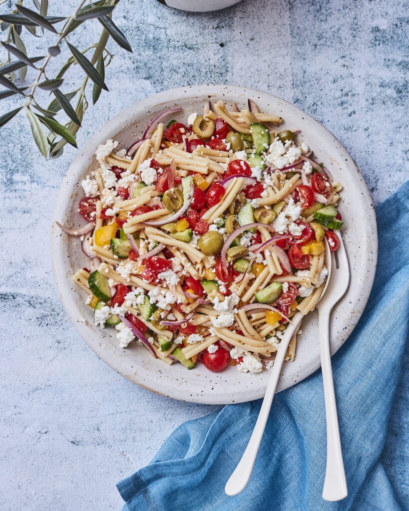 Castelvetrano Greek Pasta Salad from www.whatsgabycooking.com (@whatsgabycookin) / Labor Day menu