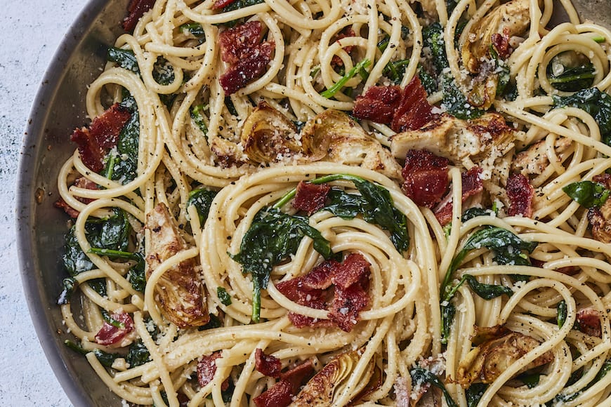 Creamy Artichoke and Bacon Bucatini