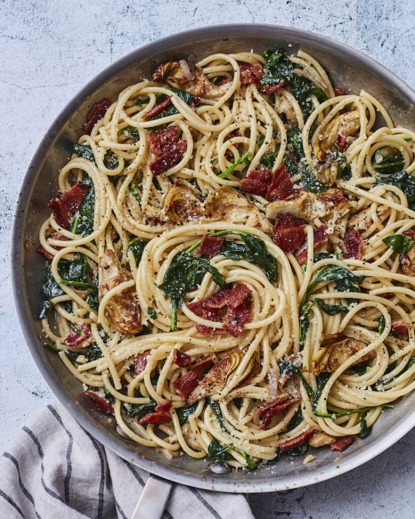 Creamy Artichoke and Bacon Bucatini from www.whatsgabycooking.com (@whatsgabycookin)