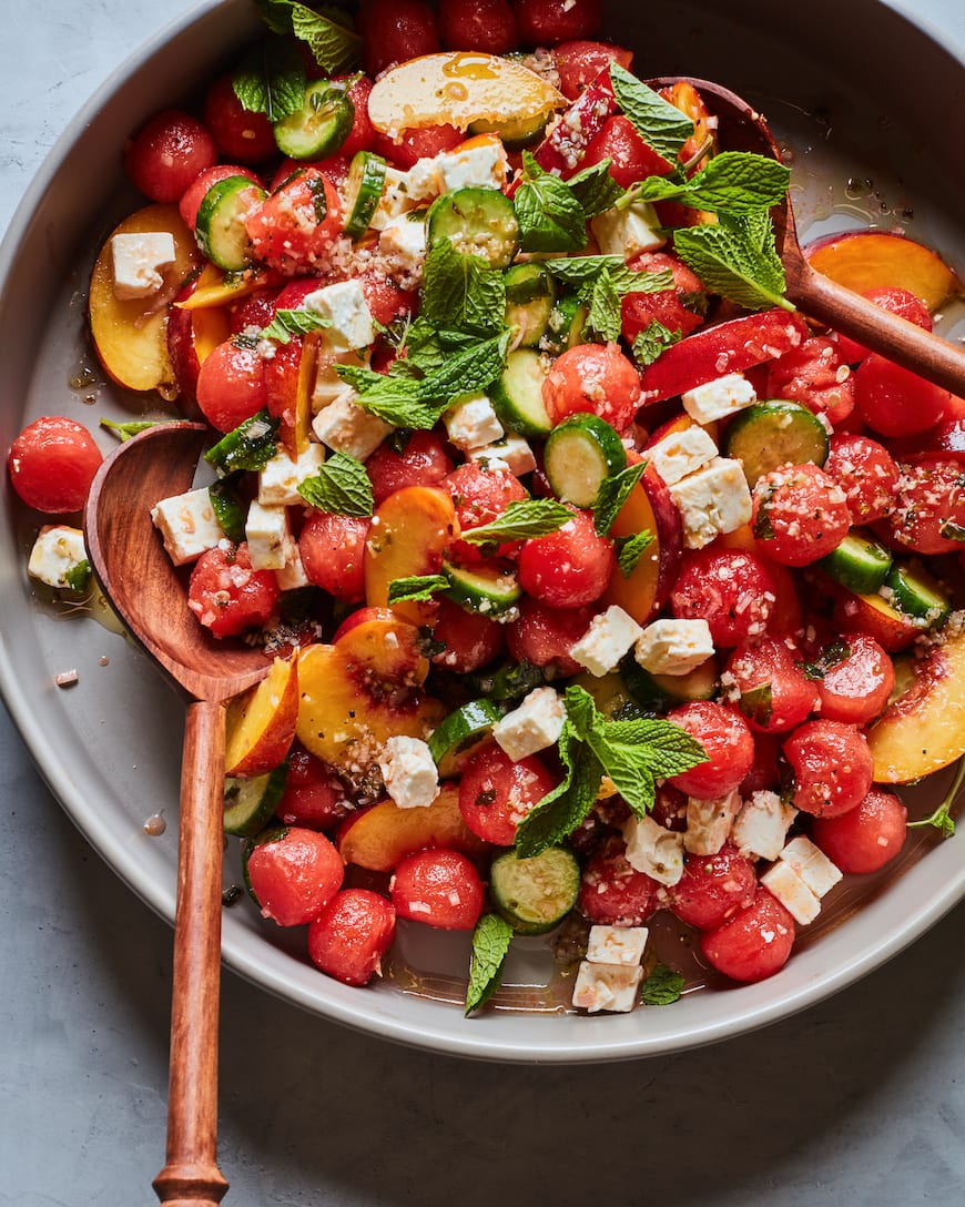 Watermelon Peach Salad from www.whatsgabycooking.com (@whatsgabycookin)