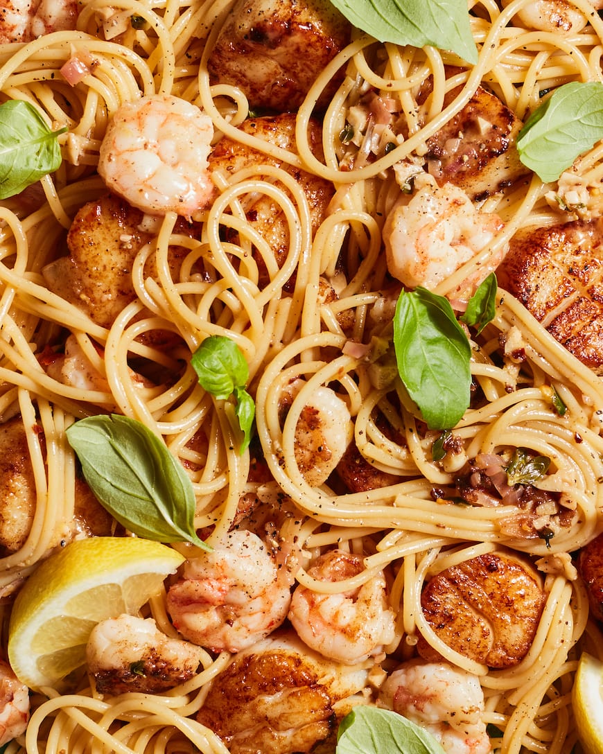 Summer Seafood Pasta with White Wine Sauce from www.whatsgabycooking.com (@whatsgabycookin)