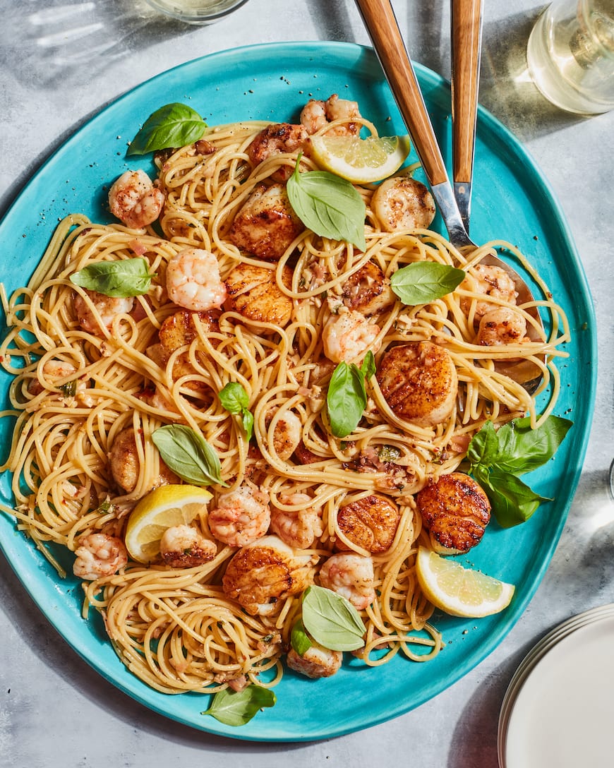 Summer Seafood Pasta with White Wine Sauce from www.whatsgabycooking.com (@whatsgabycookin)