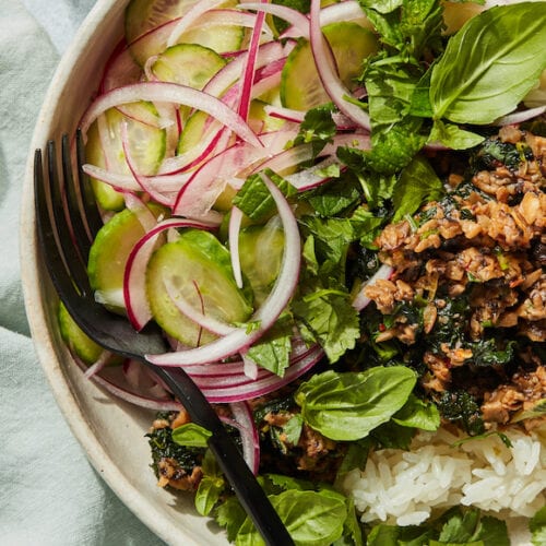 Vegetarian Mushroom Kale Larb Bowls from www.whatsgabycooking.com (@whatsgabycookin)