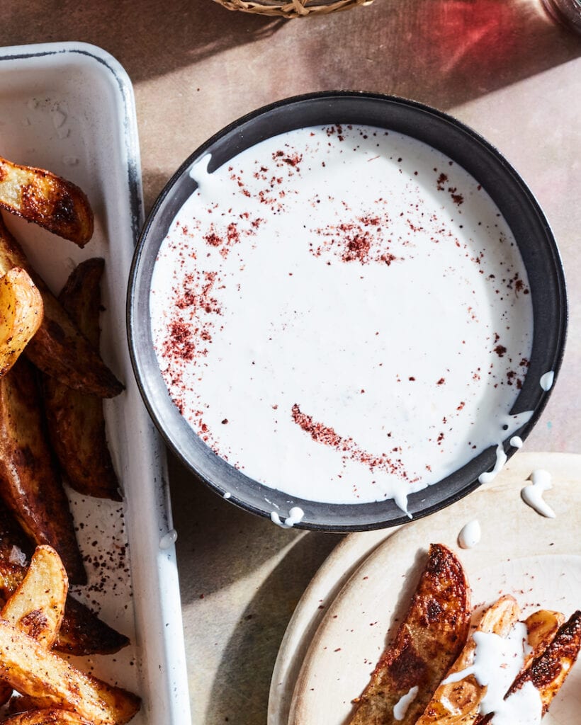 Sumac Fries with Garlic Feta Labneh from www.whatsgabycooking.com (@whatsgabycookin)