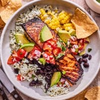 Crispy Salmon Burrito Bowls from www.whatsgabycooking.com (@whatsgabycookin)