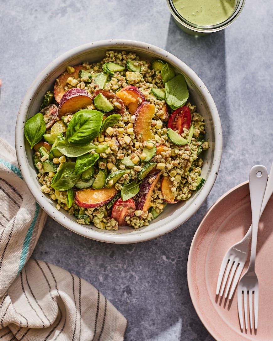 Summer Grain Bowl with Green Goddess Feta Dressing