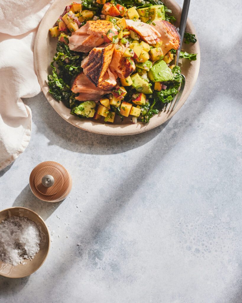 Salmon Salad Bowl with Stone Fruit Salsa from www.whatsgabycooking.com (@whatsgabycookin)