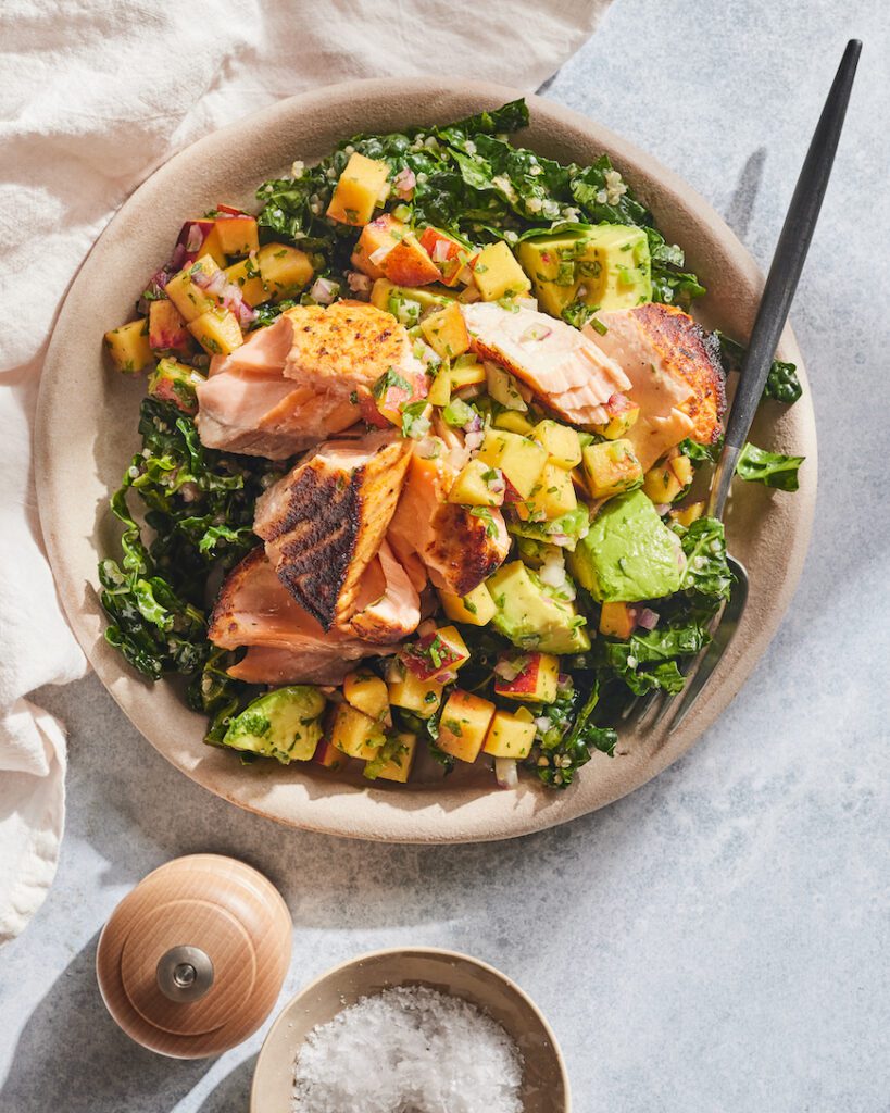 Salmon Salad Bowl with Stone Fruit Salsa from www.whatsgabycooking.com (@whatsgabycookin)