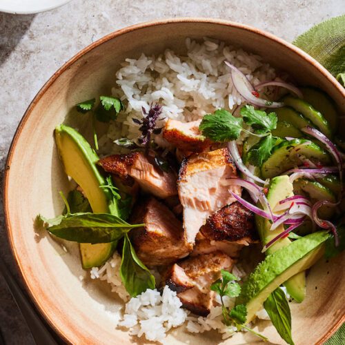 Spiced Salmon Bowl with Thai Basil Yogurt from www.whatsgabycooking.com (@whatsgabycookin)