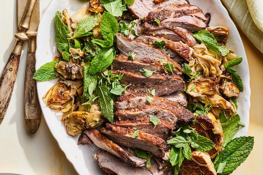Roasted Leg of Lamb with Marinated Artichokes