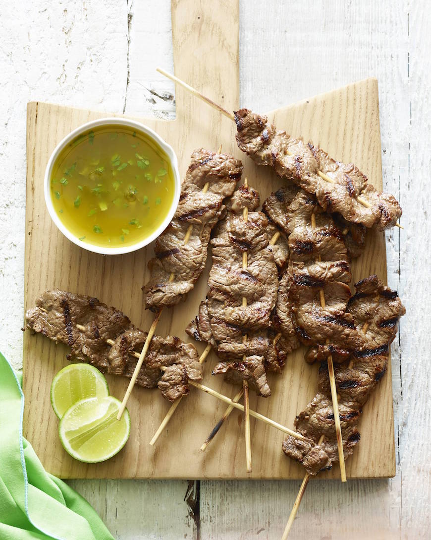 Flank Steak Skewers with Cilantro Dipping Sauce from www.whatsgabycooking.com (@whatsgabycookin)